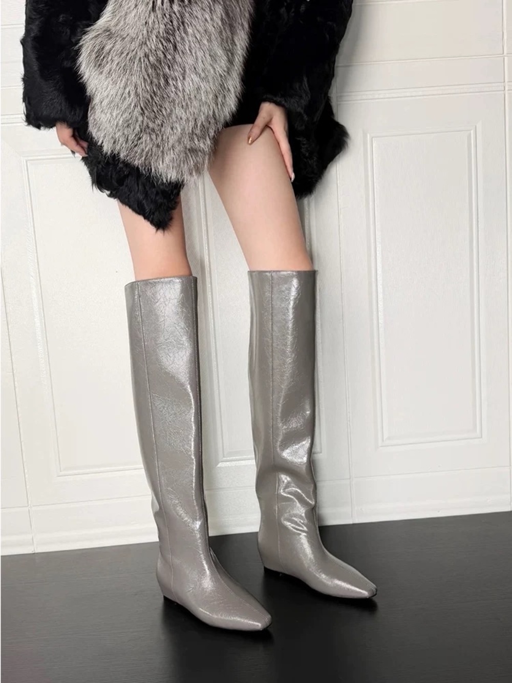 Shimmered Gray Over-the-Knee Pointed Boots